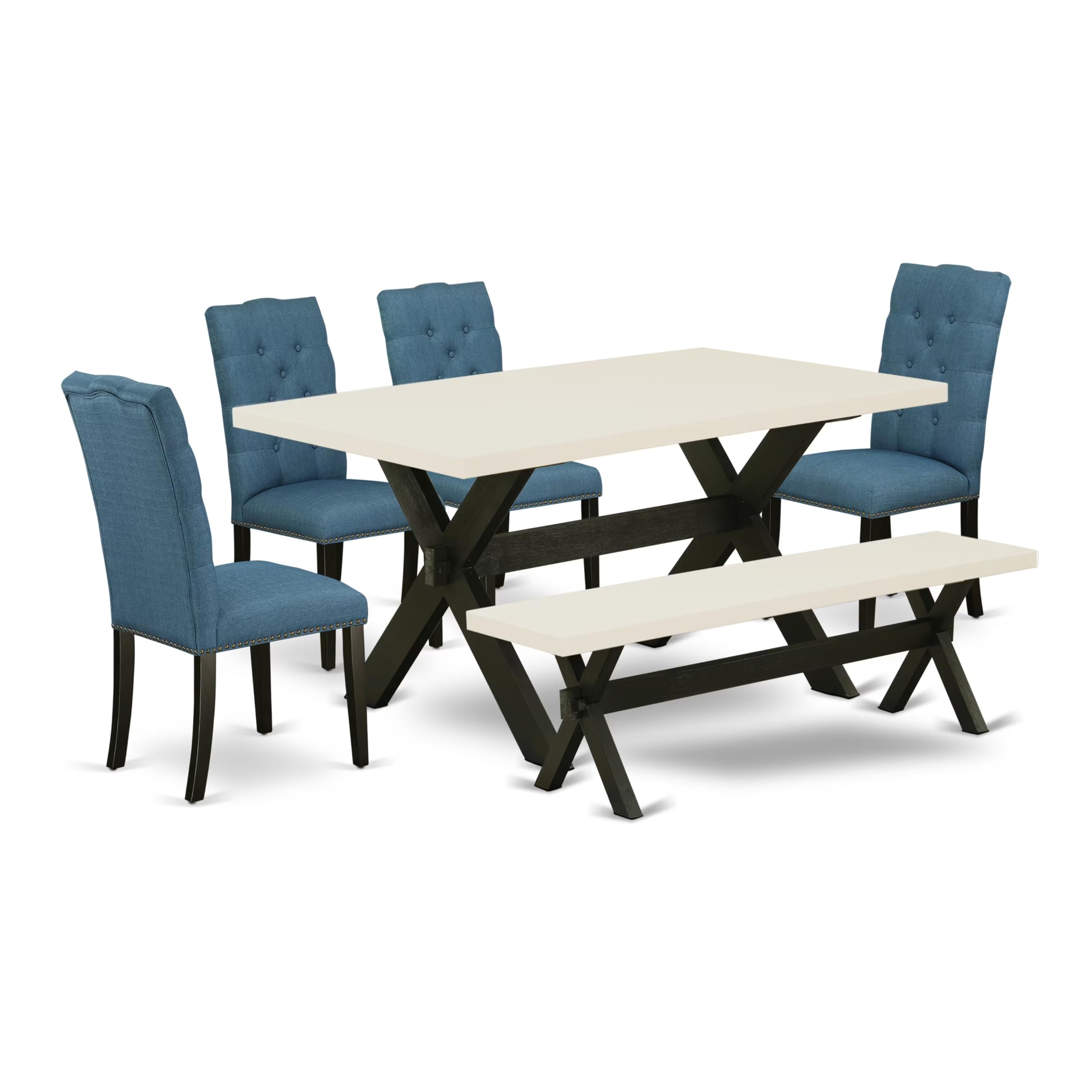 East West Furniture X626El121-6 6 Piece Dining Room Set Contains A Rectangle Dining Table With X-Legs And 4 Blue Linen Fabric Parson Chairs With A Bench, 36X60 Inch, Multi-Color